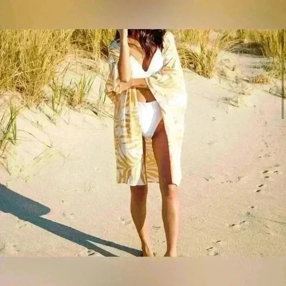 Maison Du Soir Magnolia Luxe Yellow and White Palm Print Robe/Kimono - xs/s - Picture 3 of 7